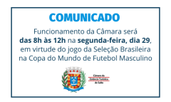 Funcionamento da Câmara será das 8h às 12h na segunda-feira, dia 29